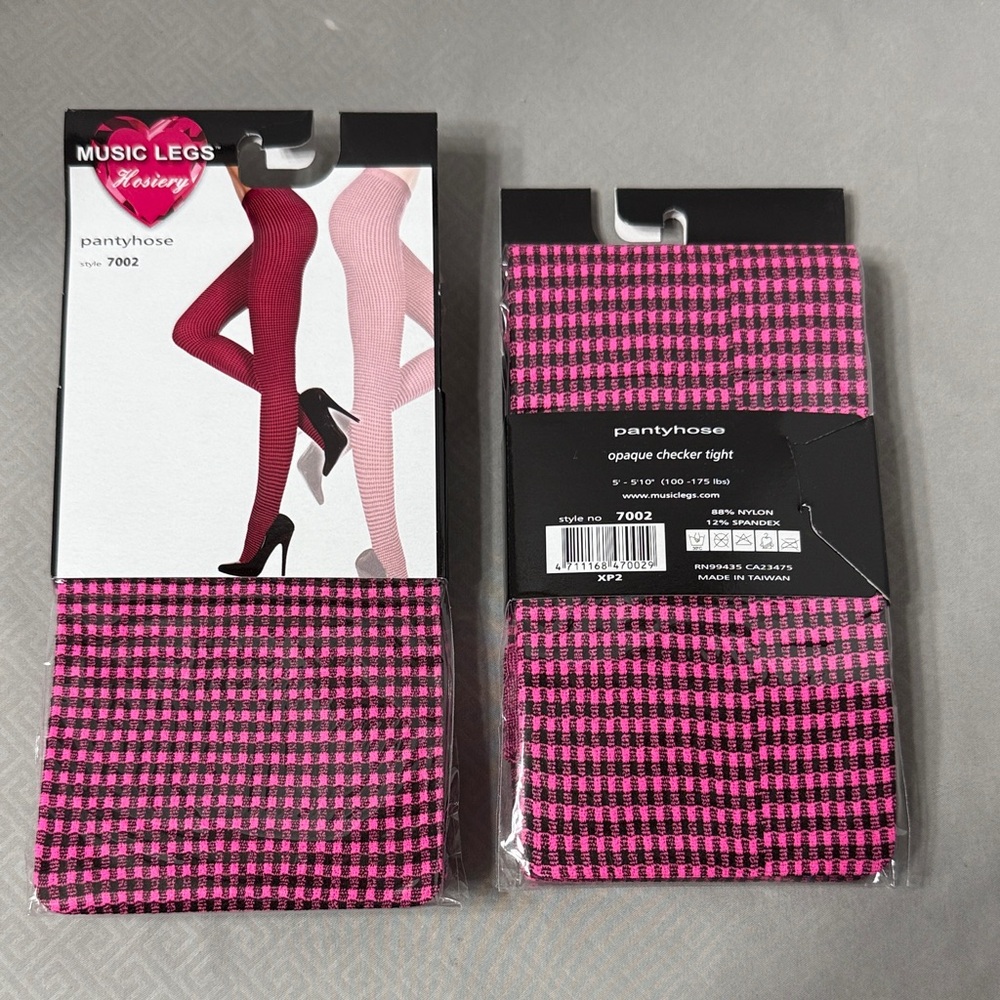 Music Legs Vibrant Hot Pink Black Plaid Tights Pantyhose Black Edgy Punk 2 Pairs